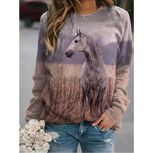 

Women's Hoodie Sweatshirt Pullover Streetwear Casual Purple Yellow Khaki Graphic Horse Loose Fit Daily Round Neck Long Sleeve S M L XL XXL