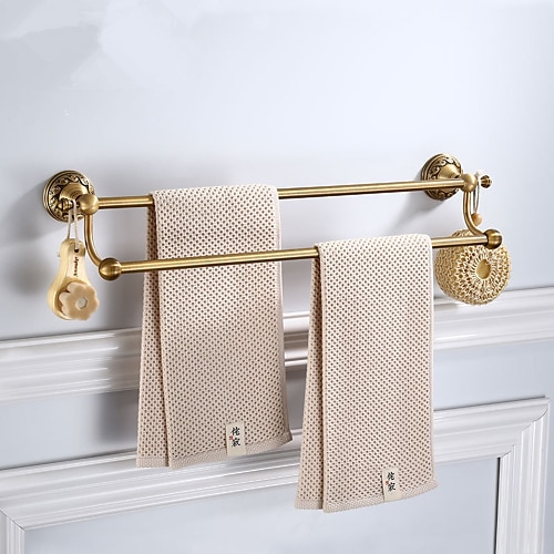 

Multifunction Bathroom Towel Bar with Hooks Antique Aluminum Wall Mounted Bathroom Shelf 2 Layers