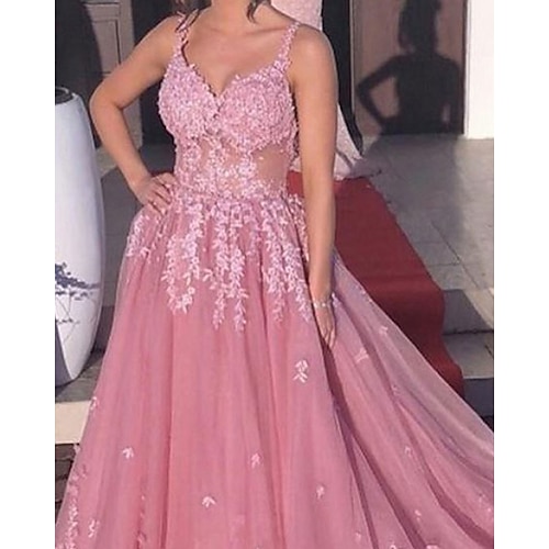 

Ball Gown Evening Dresses Luxurious Dress Engagement Court Train Sleeveless V Neck Tulle with Appliques 2022 / Formal Evening