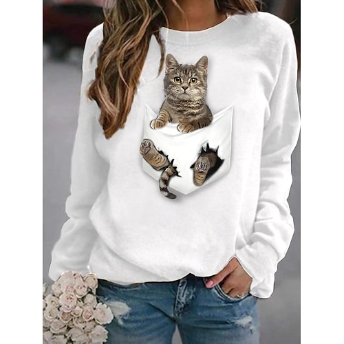 

Women's Hoodie Sweatshirt Pullover Basic Casual White Black Graphic Cat 3D Daily Round Neck Long Sleeve S M L XL XXL