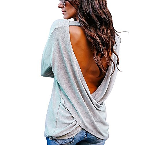 

women's sexy backless loose shirt long sleeve open back cross tee top blouse (gray, xl)