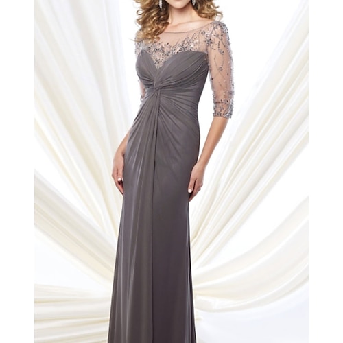 

Sheath / Column Mother of the Bride Dress Elegant & Luxurious Jewel Neck Floor Length Chiffon Tulle 3/4 Length Sleeve with Beading Ruching 2022