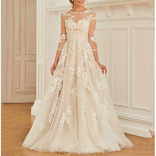 

A-Line Wedding Dresses Jewel Neck Sweep / Brush Train Lace Tulle 3/4 Length Sleeve Romantic Beach with Pleats Appliques 2022