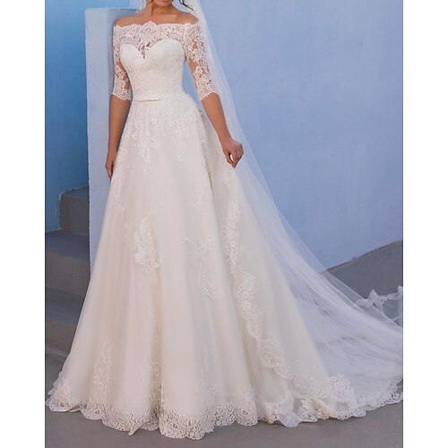 

A-Line Wedding Dresses Off Shoulder Sweep / Brush Train Lace Tulle 3/4 Length Sleeve Country with 2022