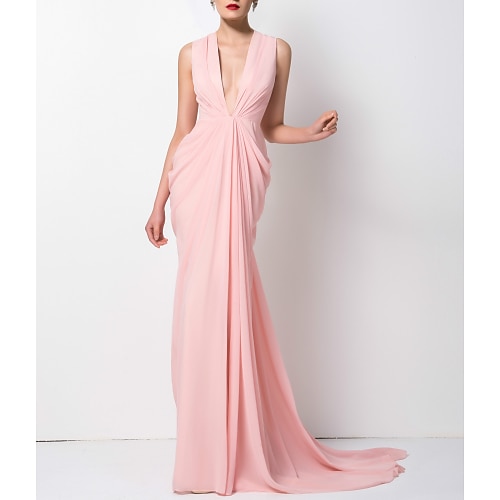 

Sheath / Column Evening Dresses Minimalist Dress Wedding Guest Court Train Sleeveless V Neck Chiffon with Sleek Draping 2022 / Formal Evening