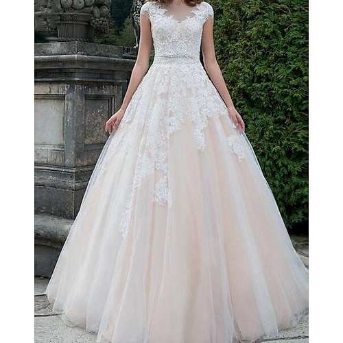 

Ball Gown Wedding Dresses Jewel Neck Floor Length Lace Tulle Sleeveless Country with Appliques 2022