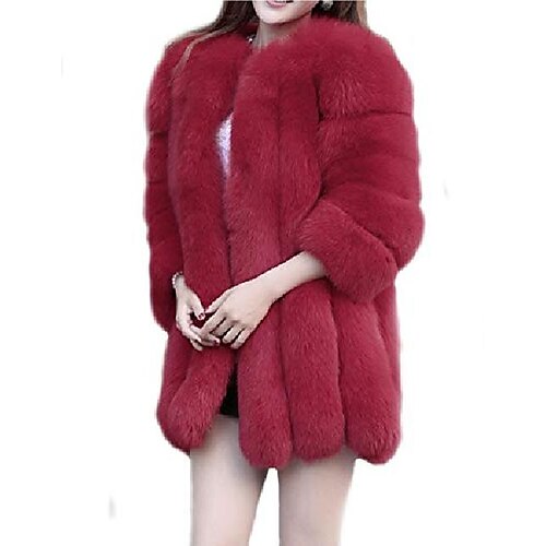 women winter luxury long sleeve faux fox fur coat thick slim fashionable (wine red, m)