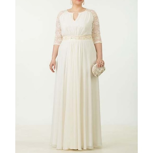 

Sheath / Column Mother of the Bride Dress Plus Size Elegant V Neck Floor Length Chiffon Lace 3/4 Length Sleeve with Ruffles Appliques 2022