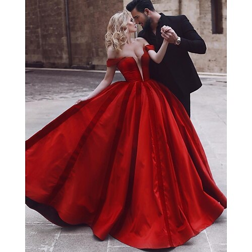 

Ball Gown Vintage Sexy Engagement Formal Evening Valentine's Day Dress Off Shoulder Sleeveless Sweep / Brush Train Satin with Pleats 2022