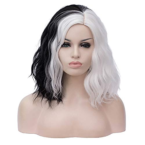 

Black and White Wigs Side Part Short Curly Wavy Bob Wigs for Women 14 Inches