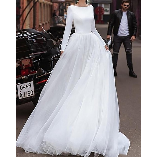 

A-Line Wedding Dresses Jewel Neck Court Train Satin Tulle Long Sleeve Country with Pleats 2022
