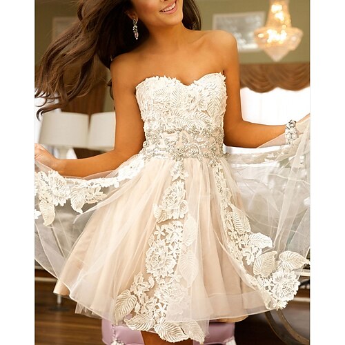 

A-Line Flirty Sexy Engagement Cocktail Party Dress Strapless Sleeveless Short / Mini Tulle with Appliques 2022