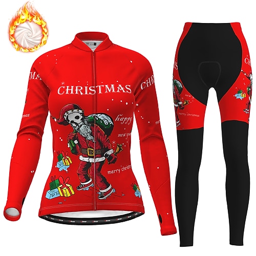 

Women's Cycling Jersey with Tights Long Sleeve Mountain Bike MTB Road Bike Cycling Winter Green Orange Red Ugly Christmas funny christmas Bike Thermal Warm Fleece Lining 3D Pad Warm Breathable Fleece