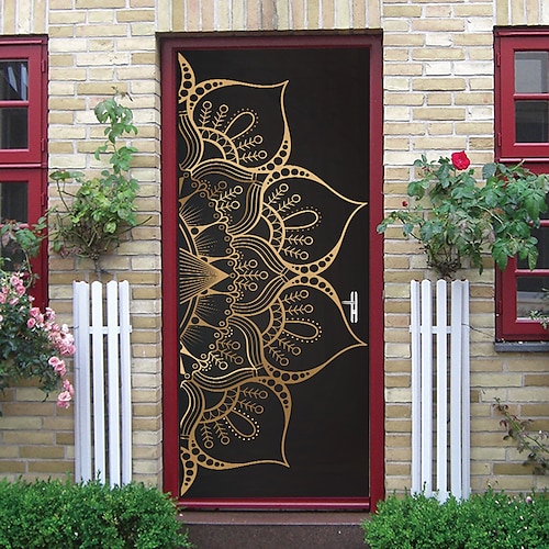 

2 pezzi autoadesivi creativi adesivi per porte mandala in oro nero per soggiorno decorazione fai da te adesivi murali impermeabili per la casa 30,3 x 78,7 (77x200 cm), set di 2 pezzi