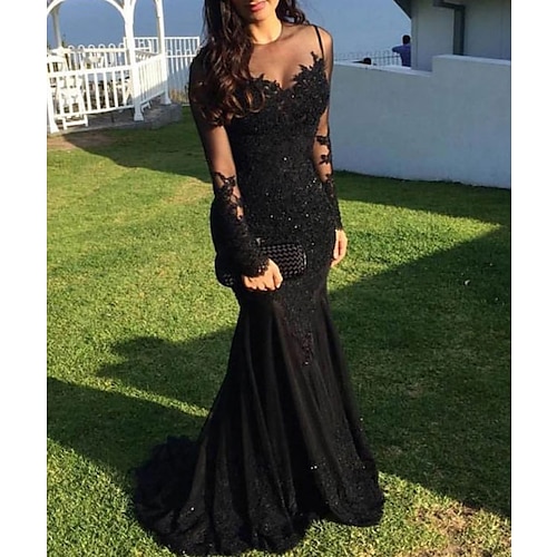 

Mermaid / Trumpet Evening Dresses Sparkle Dress Homecoming Sweep / Brush Train Long Sleeve Illusion Neck Lace with Appliques 2022 / Formal Evening / Sparkle & Shine