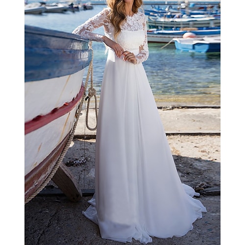 

A-Line Wedding Dresses Jewel Neck Court Train Chiffon Lace Long Sleeve Beach with 2022