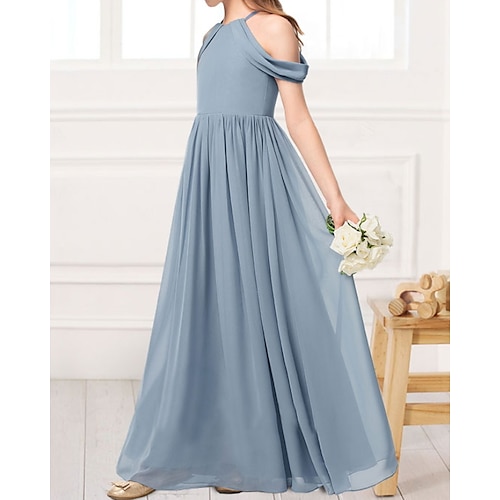 

A-Line Floor Length Halter Neck Chiffon Junior Bridesmaid Dresses&Gowns With Pleats Wedding Party Dresses 4-16 Year
