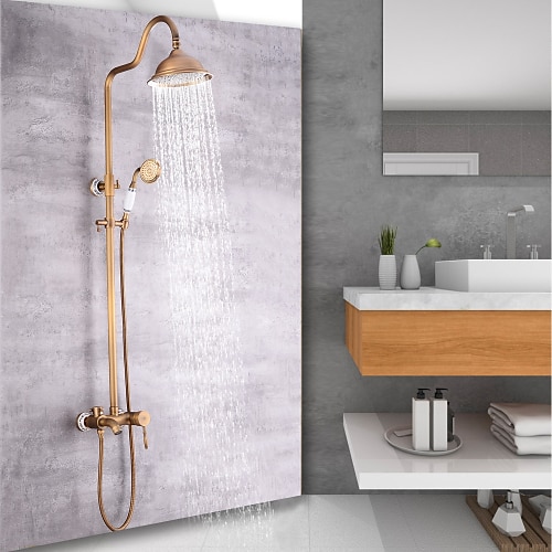 

Shower Faucet,Shower System Set - Handshower Included pullout Waterfall Vintage Style / Country Antique Brass Mount Outside Ceramic Valve Bath Shower Mixer Taps