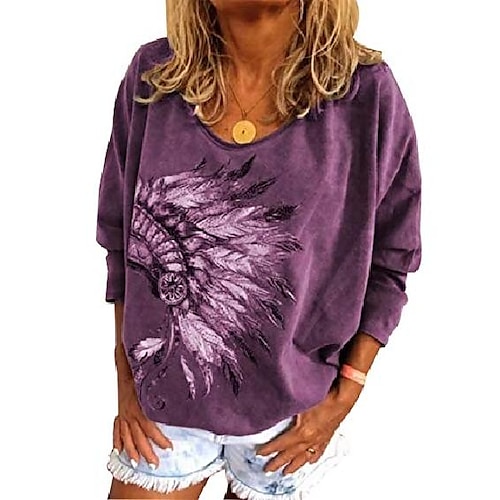 

womens vintage native american indian shirt feather headdress print loose fit long sleeve oversize tee tops purple