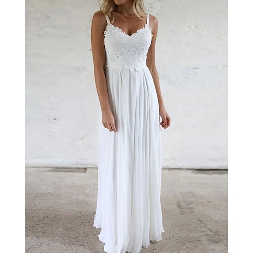 

Sheath / Column Wedding Dresses V Neck Sweep / Brush Train Chiffon Lace Sleeveless Beach with 2022