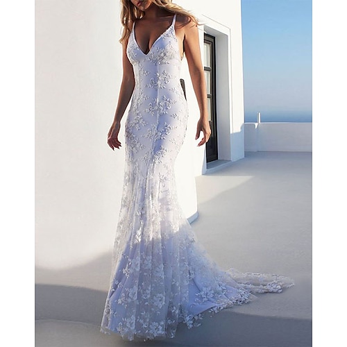 

Mermaid / Trumpet Wedding Dresses V Neck Sweep / Brush Train Lace Spaghetti Strap Casual Backless with Appliques 2022