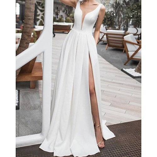 

A-Line Wedding Dresses V Neck Floor Length Satin Sleeveless Simple Beach with Split Front 2022