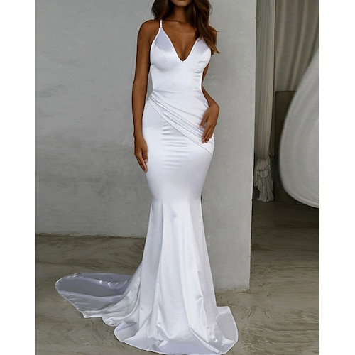 

Mermaid / Trumpet Wedding Dresses V Neck Sweep / Brush Train Satin Spaghetti Strap Simple Sexy Backless with 2022