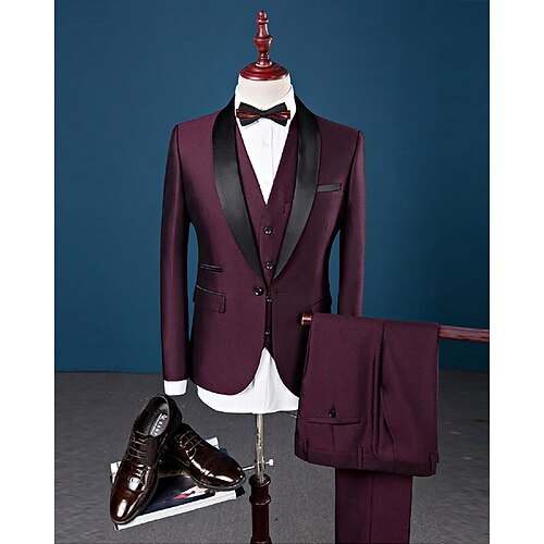 Burgundy Men's Party Evening Suits Solid Colored Slim Fit Single Breasted One-button 2022