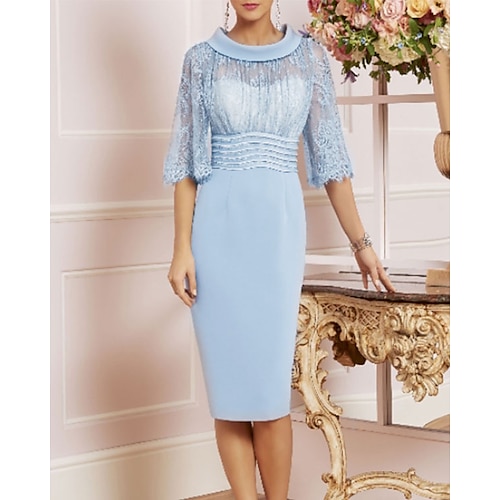 

Sheath / Column Mother of the Bride Dress See Through Jewel Neck Knee Length Charmeuse Half Sleeve with Lace Sash / Ribbon 2022