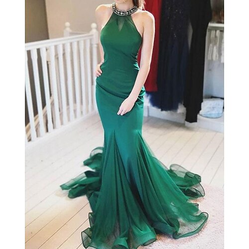 

Mermaid / Trumpet Evening Dresses Minimalist Dress Engagement Court Train Sleeveless Halter Neck Spandex with Pleats 2022 / Formal Evening