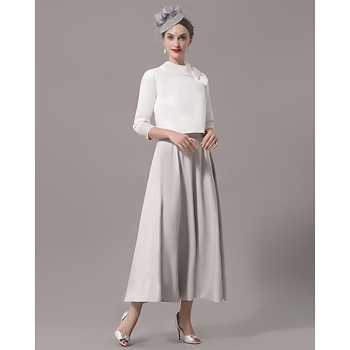 

Two Piece Mother of the Bride Dress Elegant Jewel Neck Ankle Length Stretch Satin 3/4 Length Sleeve with Bow(s) 2022