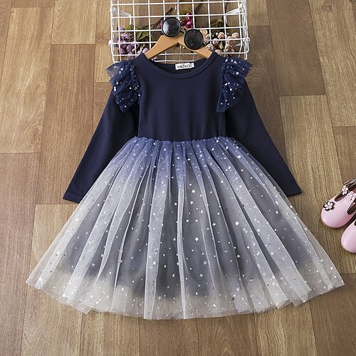 

Kids Little Girls' Dress Galaxy Solid Colored Sequins Pleated Lace Red Navy Blue Knee-length Long Sleeve Active Sweet Dresses