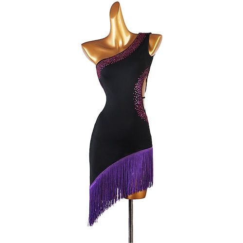 

Latin Dance Dress Tassel Split Joint Crystals / Rhinestones Women's Performance Sleeveless Chinlon
