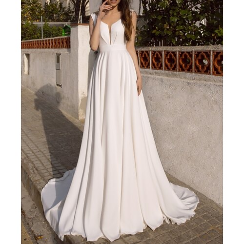 

A-Line Wedding Dresses V Neck Sweep / Brush Train Chiffon Satin Sleeveless Simple Beach with 2022