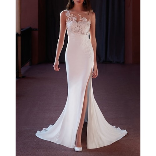 

Mermaid / Trumpet Wedding Dresses Jewel Neck Sweep / Brush Train Lace Satin Sleeveless Country Sexy with Appliques Split Front 2022