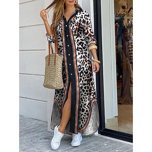 

Women's Shirt Dress Long Dress Maxi Dress Black Blue Army Green Long Sleeve Leopard Patchwork Fall Spring Shirt Collar Winter Dress Fall Dress Loose Fit S M L XL XXL