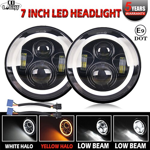 

2 Pcs 7 Inch Round LED Headlights for Jeep Wrangler 2pcs 200W Halo Headlight Angel Eye Ring DRL & Amber Turn Signal Lights High/Low Beam for Jeep Wrangler Lada Niva Offroad 4x4