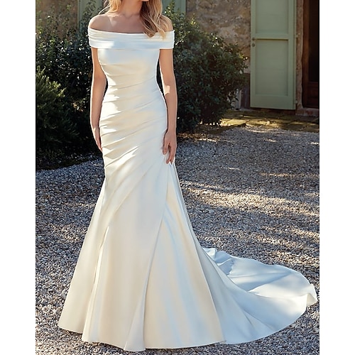 

Mermaid / Trumpet Wedding Dresses Off Shoulder Court Train Satin Sleeveless Country Simple Backless with Ruched 2022