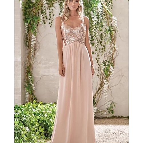 

A-Line Bridesmaid Dress V Neck Sleeveless Elegant Floor Length Chiffon / Sequined with Pleats 2022