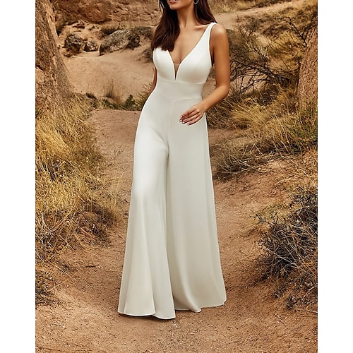 

Two Piece Jumpsuits Wedding Dresses V Neck Chapel Train Detachable Lace Satin Sleeveless Country Simple with Appliques 2022