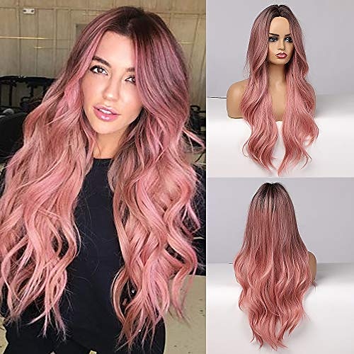 

long curly ombre wigs 24 inch middle part none lace wigs for women dark brown rooted with pink hair synthetic wig for women natural looking wigs for party cosplay ChristmasPartyWigs