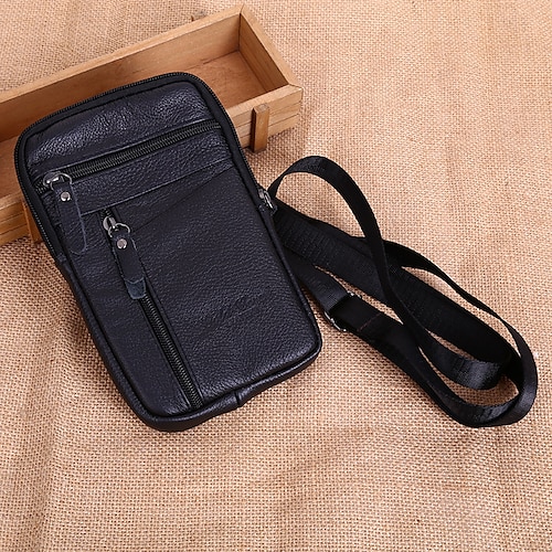 

Men's 2022 Bum Bag Messenger Bag Mobile Phone Bag Messenger Bag Cowhide Zipper Plain Daily Date Black Coffee