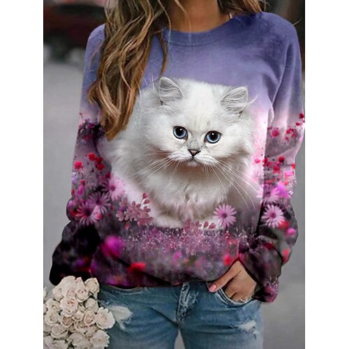 

Women's Hoodie Sweatshirt Pullover Basic Casual Print Purple Graphic Cat 3D Daily Round Neck Long Sleeve S M L XL XXL / 3D Print
