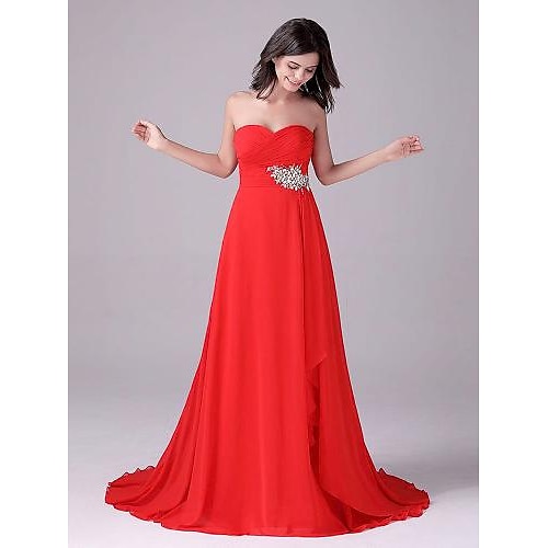 

A-Line Evening Dresses Empire Dress Prom Court Train Sleeveless Sweetheart Neckline Chiffon with Ruched Beading Tier 2022 / Formal Evening