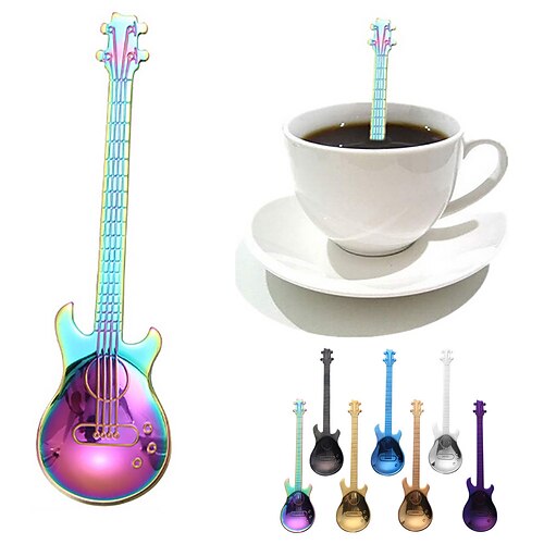 colher de café conjunto de colheres de guitarra de aço inoxidável de 3 e 6 arco-íris café chá sorvete colher de sobremesa talheres utensílios de cozinha