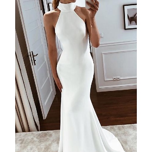 

Mermaid / Trumpet Wedding Dresses Halter Neck Sweep / Brush Train Stretch Fabric Sleeveless Simple with 2022