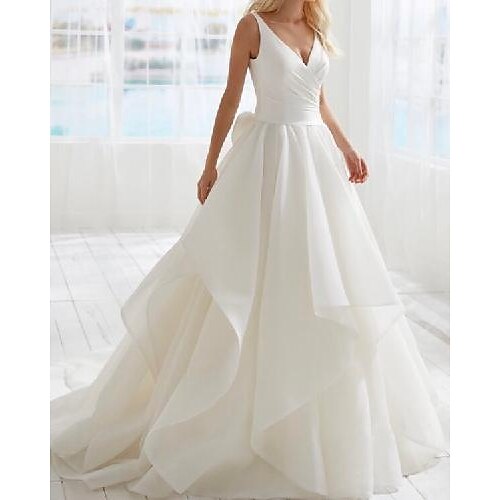 

A-Line Wedding Dresses V Neck Sweep / Brush Train Satin Tulle Sleeveless Country Simple with Bow(s) Ruched Cascading Ruffles 2022