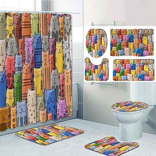 

4PCS Shower Curtain Set with Rug Marble Toilet Lid Cover Sets with Non-Slip Rug Bath Mat for Bathroom,Abstract Cat,Polyester,Waterproof