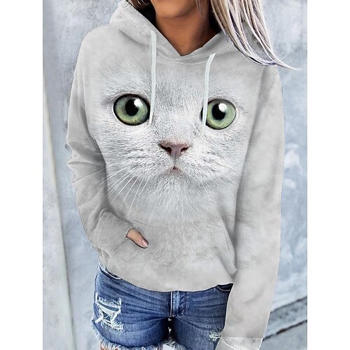 

Women's Hoodie Pullover Basic Casual Front Pocket Print White Graphic Cat 3D Daily Hooded Long Sleeve S M L XL XXL 3XL