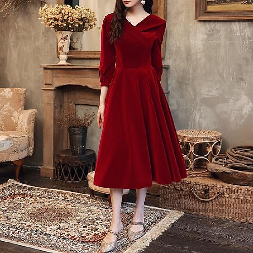 

Linea-A Abiti da cocktail minimalista Vestito Abiti da festa Lunghezza tè Manica a 3/4 A V Velluto con Colore Puro 2023